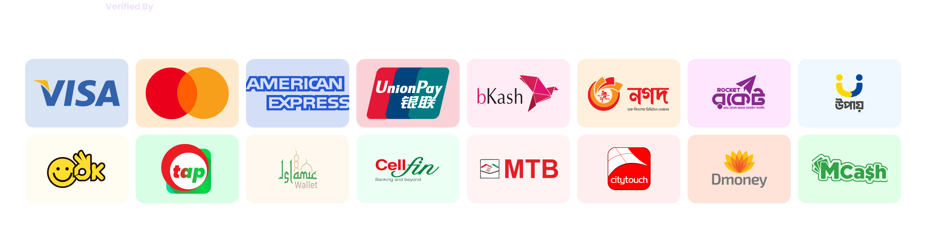 Accepted payment methods — Visa, Mastercard, American Express, UnionPay, bKash, Nagad, Rocket, Upay and more, verified by Paystation